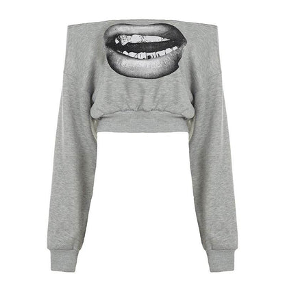 Trendy Spicy Girl One-Shoulder Sweatshirt Big Mouth Print Personality Casual Style Waist-Cinching Belly-Baring Short Long Sleeve Women's Top - IntuitiveEncBoutique