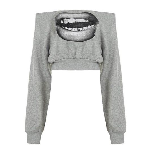 Trendy Spicy Girl One-Shoulder Sweatshirt Big Mouth Print Personality Casual Style Waist-Cinching Belly-Baring Short Long Sleeve Women's Top - IntuitiveEncBoutique