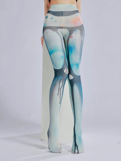 Dark patterned printed pantyhose with ink flow and personalized bottom socks - IntuitiveEncBoutique