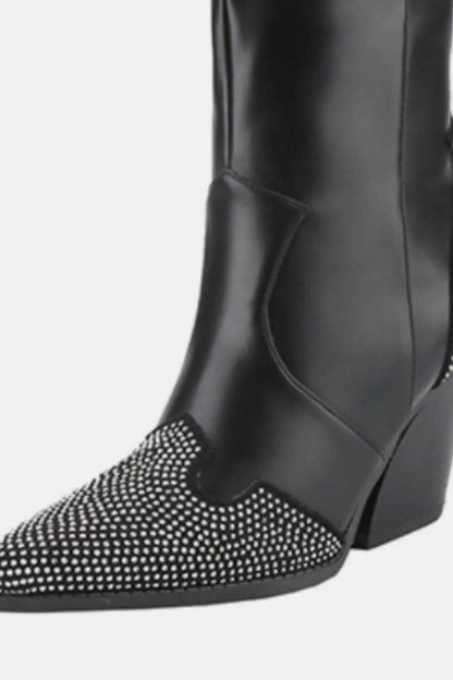 Weeboo Chunky Heel Rhinestone Decor Western Boots - IntuitiveEncBoutique