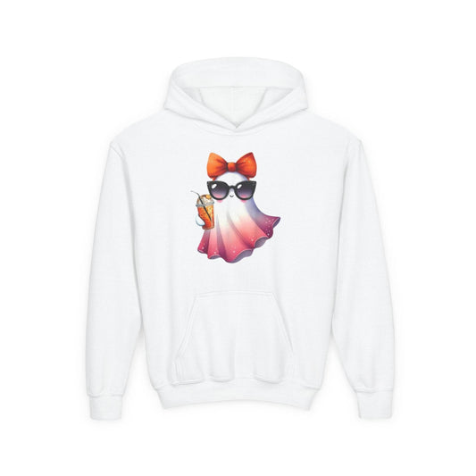 Youth Ghostly Glam Hoodie, Cute Ghost Design Sweatshirt, Halloween Apparel, Halloween Costume, Kids Hooded Sweatshirt - IntuitiveEncBoutique