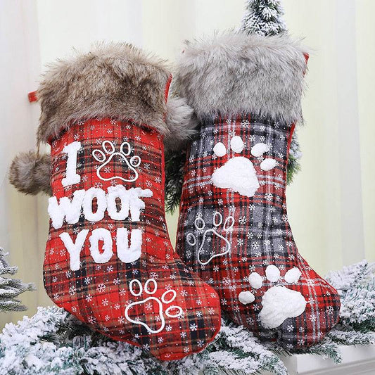 Christmas Stocking Christmas Decorations Fur Collar with Ball Plaid Printing Letter Dog Paw Seeds Pendant New Year - IntuitiveEncBoutique