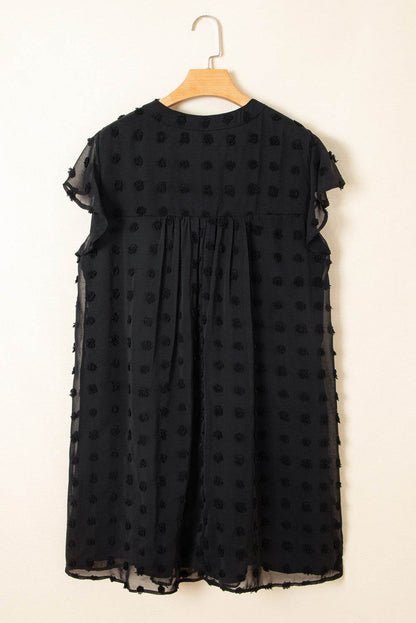 Black Dotty Textured Notched Neck Plus Ruffled Dress - IntuitiveEncBoutique