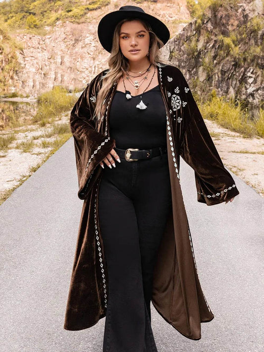 Plus Size Embroidery Open Front Long Sleeve Cardigan - IntuitiveEncBoutique