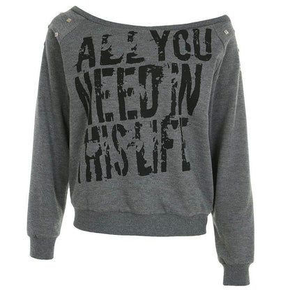 Punk Rivet Letter Print Oblique Collar Sweatshirt Spicy Girl Street Sexy Loose All-Match Off-Shoulder Long Sleeve - IntuitiveEncBoutique