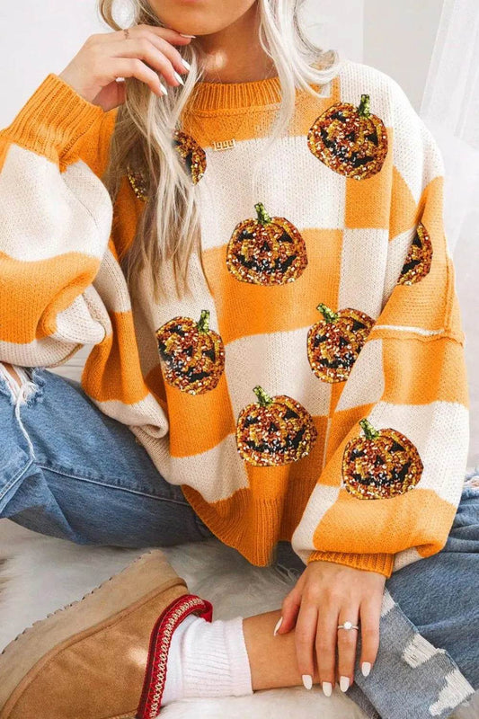 Pumpkin Checkered Round Neck Long Sleeve Sweater - IntuitiveEncBoutique