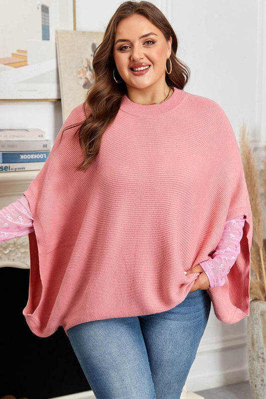 Light Pink Ribbed Knit Half Sleeve Plus Size Poncho Style Sweater - IntuitiveEncBoutique