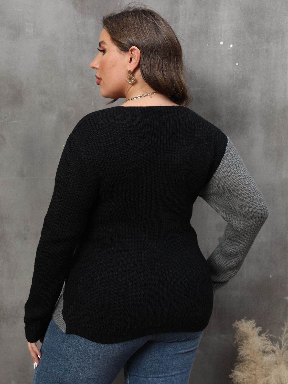 Plus Size Two-Tone Surplice Neck Sweater - IntuitiveEncBoutique