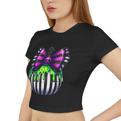 Cute Halloween Baby Tee with Spooky Bow Design | Women's Graphic T-Shirt, Party Shirt, Fall Fashion, Gift Idea, Casual Wear - IntuitiveEncBoutique