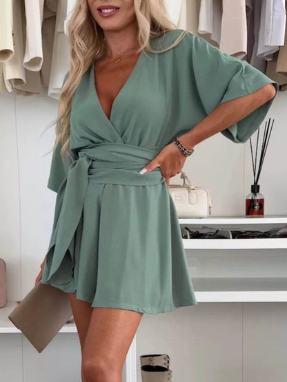 Full Size Surplice Tie Waist Romper Plus Size - IntuitiveEncBoutique