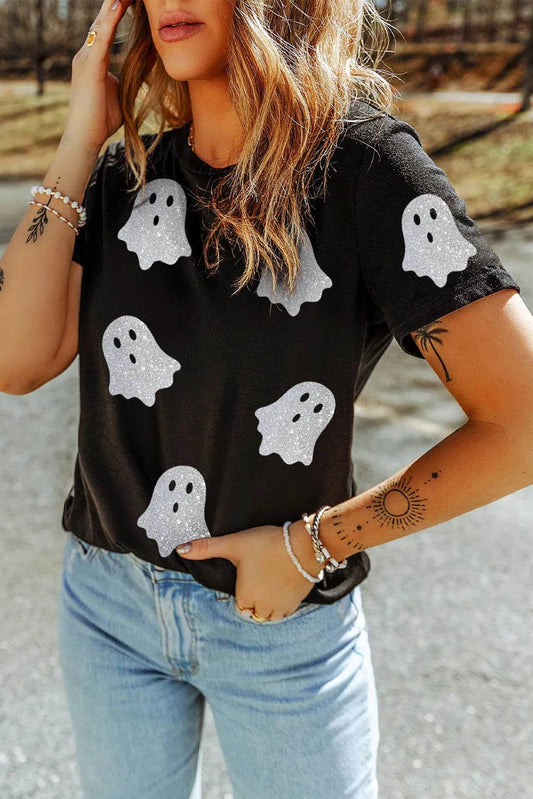 Glitter Ghost Round Neck Short Sleeve T-Shirt - IntuitiveEncBoutique