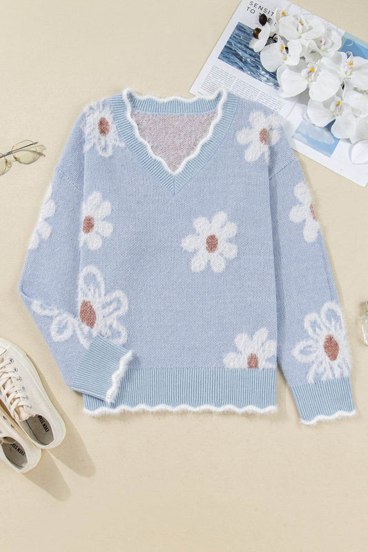 Gray Fuzzy Flower Scalloped V Neck Plus Sweater - IntuitiveEncBoutique