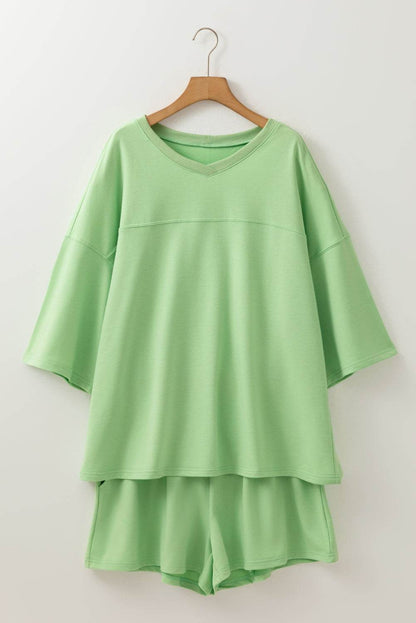 Meadow Mist Green Plus Size V Neck Drop Shoulder Tee Loose Shorts 2pcs Outfit - IntuitiveEncBoutique