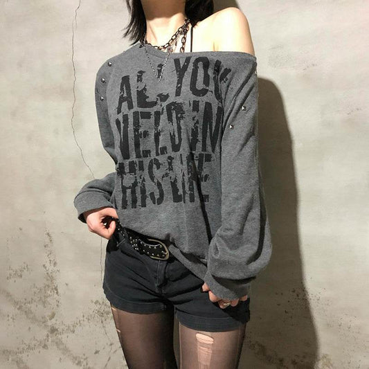 Punk Rivet Letter Print Oblique Collar Sweatshirt Spicy Girl Street Sexy Loose All-Match Off-Shoulder Long Sleeve - IntuitiveEncBoutique