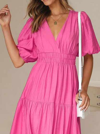 V-Neck Puff Sleeve Midi Dress - IntuitiveEncBoutique