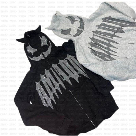 Wholesale Loose Unisex Hooded Zip-Up Sweatshirt with Devil Rhinestone - IntuitiveEncBoutique