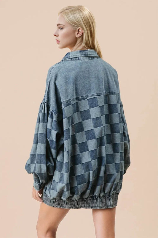 Double Take Checkered Button Up Denim Jacket - IntuitiveEncBoutique