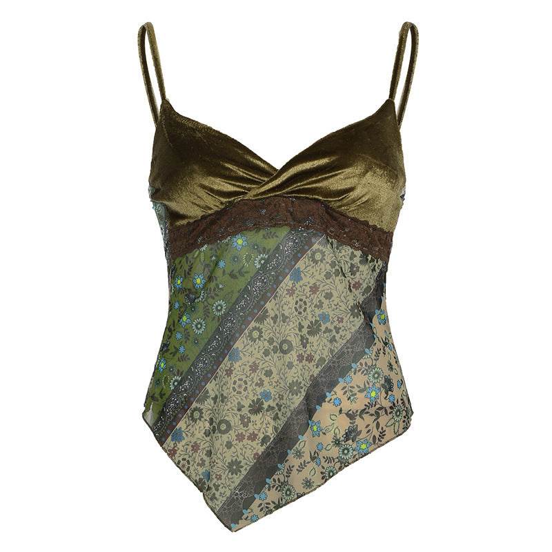 Vintage Floral Print Lace Splicing Irregular Strapless Top with Sexy V-Neck and A-Line Design - IntuitiveEncBoutique
