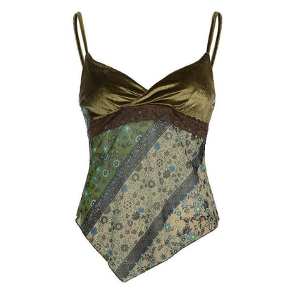 Vintage Floral Print Lace Splicing Irregular Strapless Top with Sexy V-Neck and A-Line Design - IntuitiveEncBoutique
