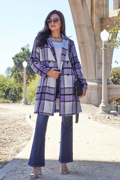 Double Take Full Size Plaid Button Up Lapel Collar Coat - IntuitiveEncBoutique