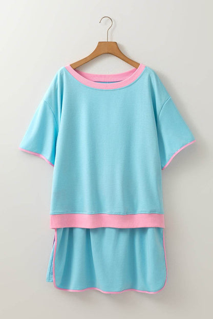 Turquoise Plus Size Contrast Trim T Shirt and Skirt Two Piece Set - IntuitiveEncBoutique