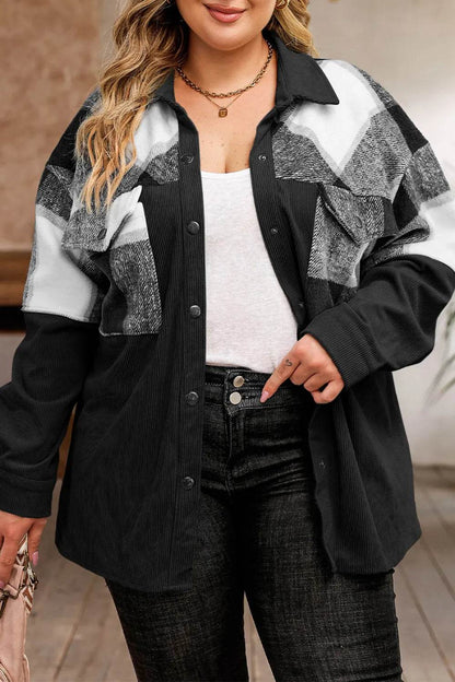 Plus Size Plaid Snap Down Jacket with Pockets - IntuitiveEncBoutique