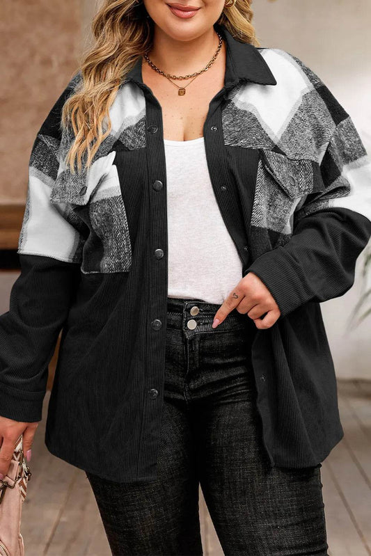 Plus Size Plaid Snap Down Jacket with Pockets - IntuitiveEncBoutique