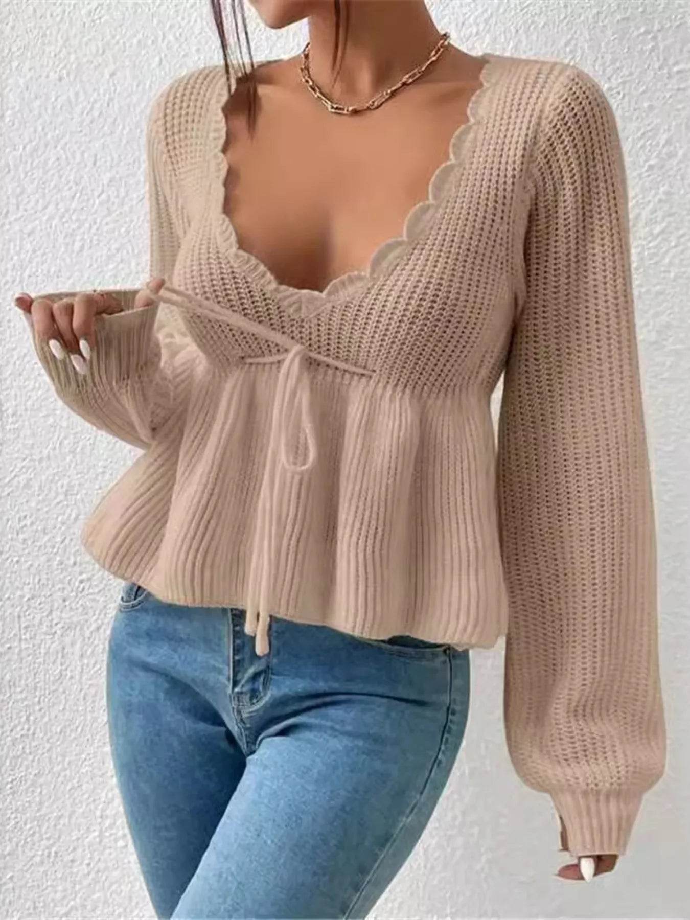 Scalloped V-Neck Drawstring Knit Top - IntuitiveEncBoutique