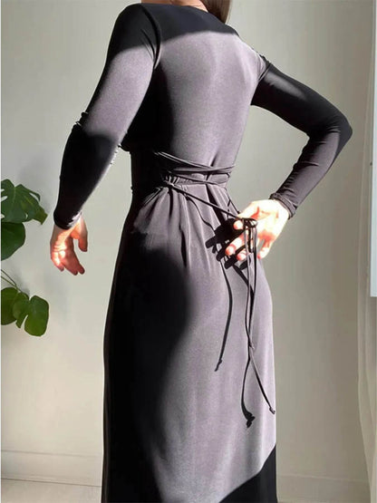 Full Size Tied Long Sleeve Bodycon Midi Dress Plus Size - IntuitiveEncBoutique