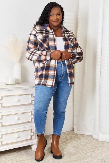 Double Take Plaid Button Front Shirt Jacket with Breast Pockets - IntuitiveEncBoutique