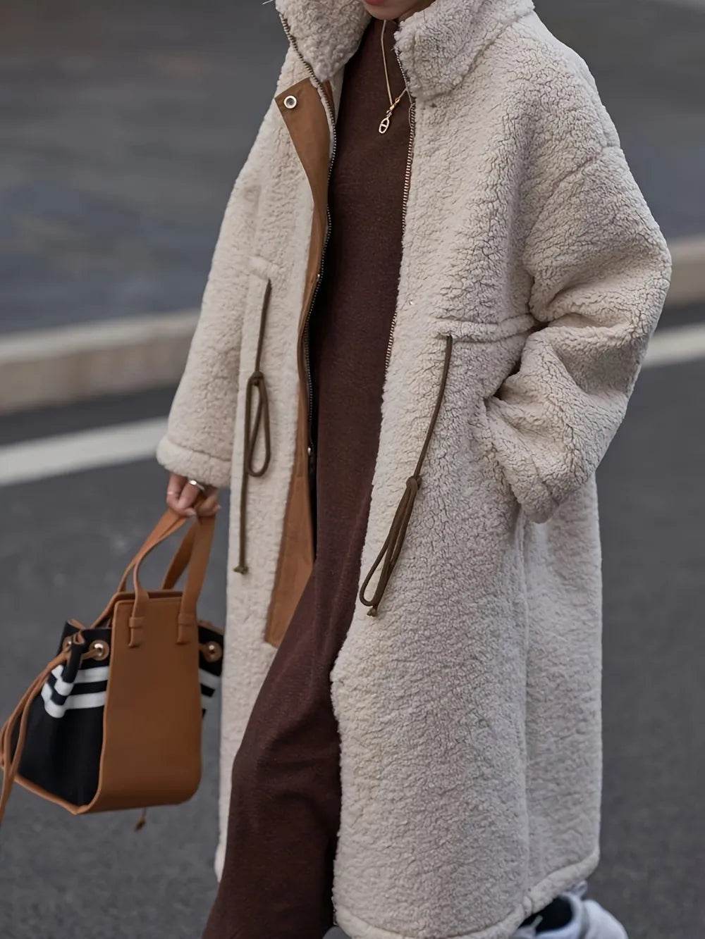 Plus Size Drawstring Zip Up Turtleneck Sherpa Coat - IntuitiveEncBoutique