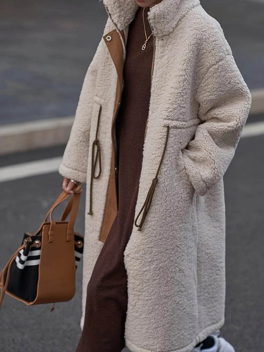 Plus Size Drawstring Zip Up Turtleneck Sherpa Coat - IntuitiveEncBoutique