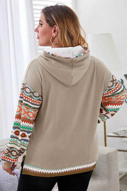 Plus Size Waffle-Knit Geometric Dropped Shoulder Hoodie - IntuitiveEncBoutique