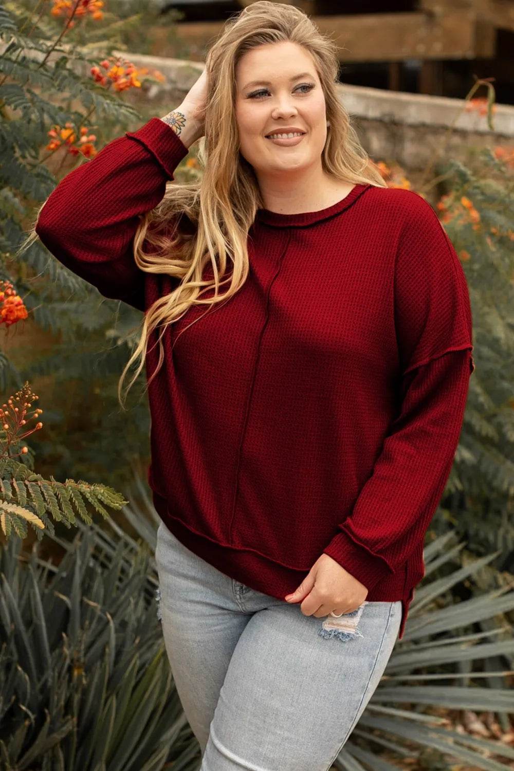 Plus Size Exposed Seam Waffle-Knit High-Low Sweatshirt - IntuitiveEncBoutique
