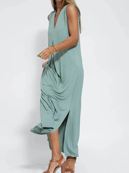Full Size V-Neck Sleeveless Maxi Dress with Slit Plus Size - IntuitiveEncBoutique