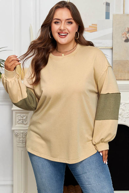 Laurel Green Exposed Seam Contrast Texture Patchwork Plus Size Drop Shoulder Pullover - IntuitiveEncBoutique