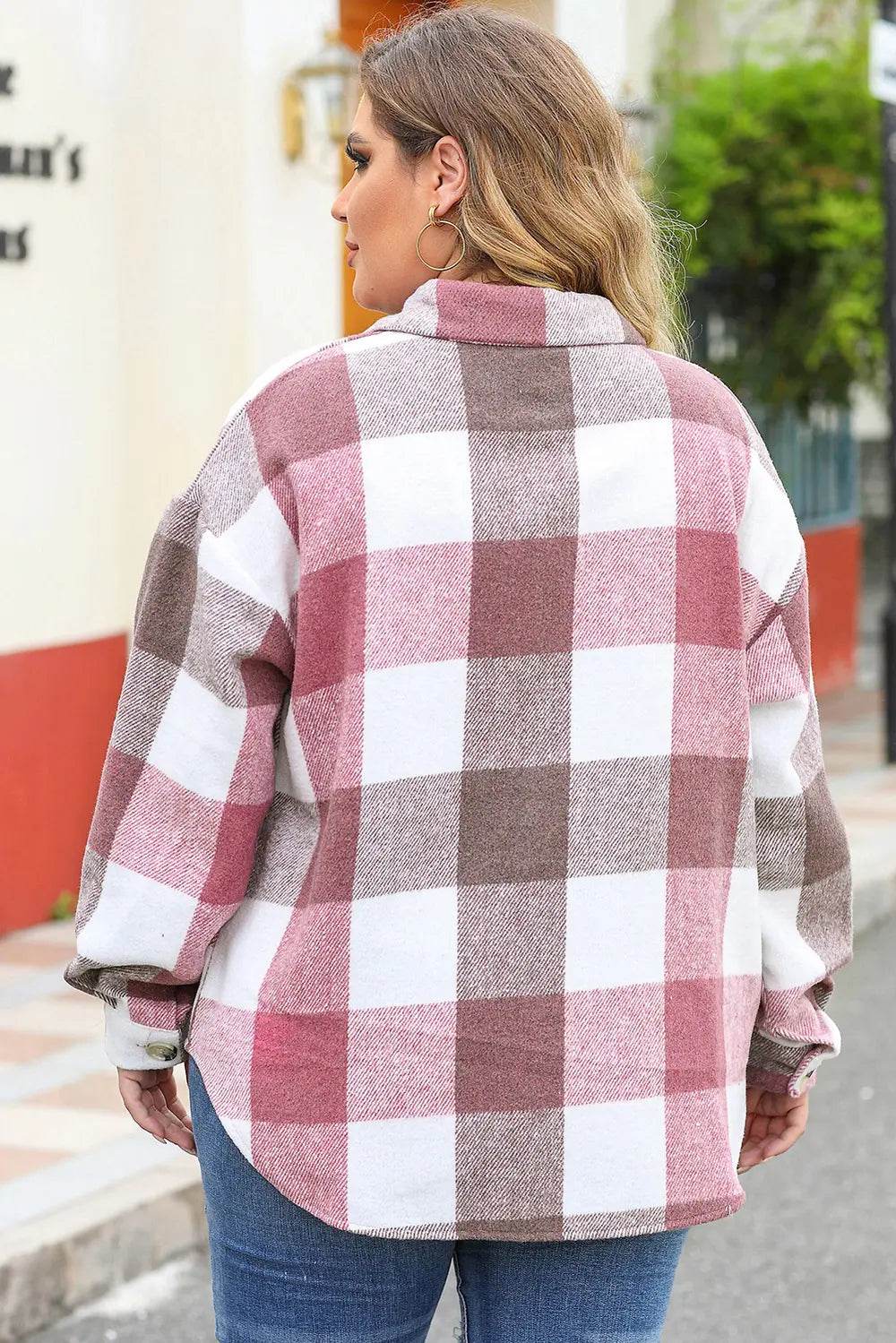 Plus Size Plaid Button Up Collared Neck Jacket - IntuitiveEncBoutique