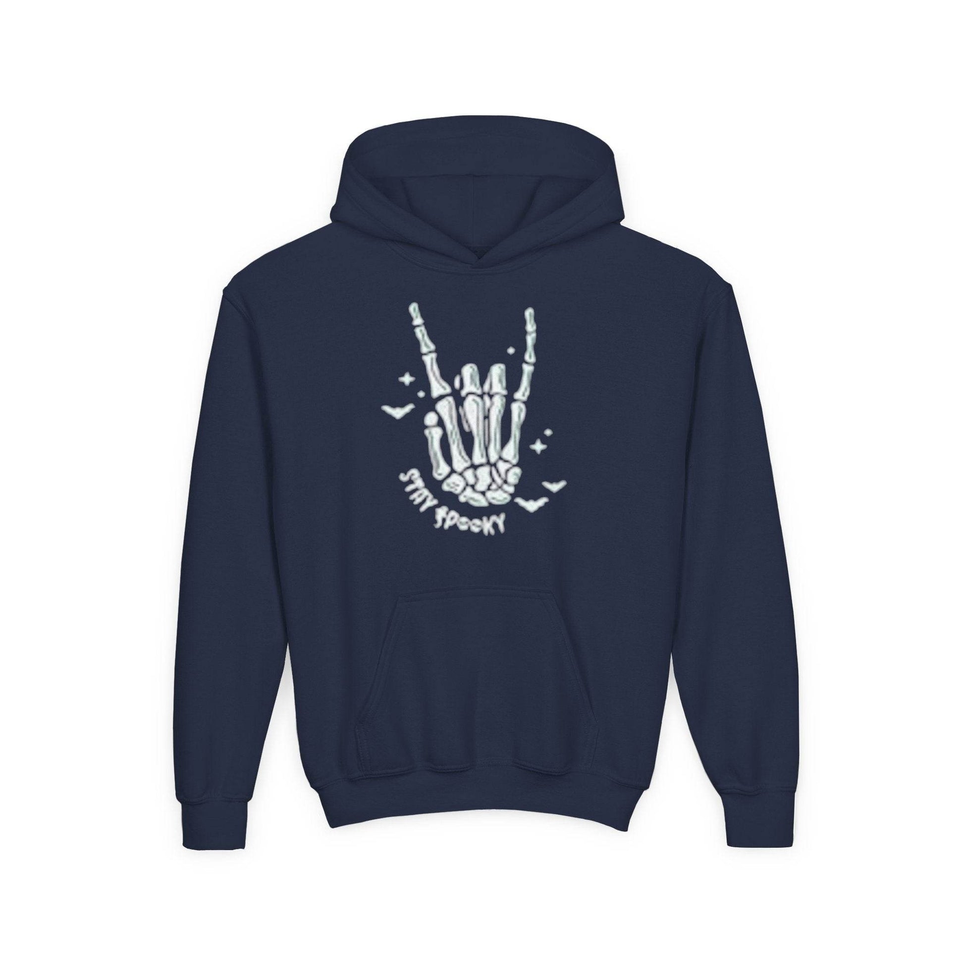 Youth Ghostly Rocker Hoodie - Stay Spooky Sweatshirt, Halloween Apparel, Youth Fashion, Skeleton Design, Cozy Gift - IntuitiveEncBoutique