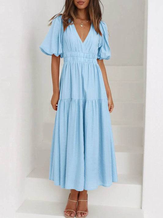 V-Neck Puff Sleeve Midi Dress - IntuitiveEncBoutique