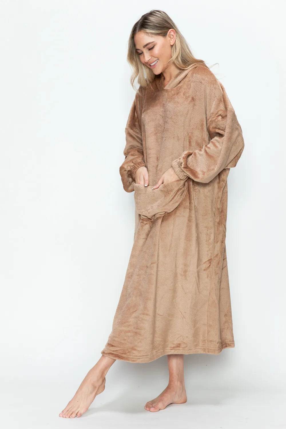 Double Take Full Size Pocketed Hooded Midi Lounge Dress - IntuitiveEncBoutique