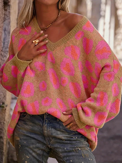 Leopard Oversized V-Neck Sweater - IntuitiveEncBoutique