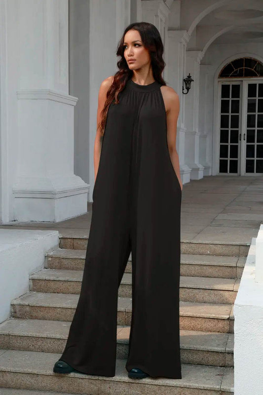 Double Take Full Size Tie Back Cutout Sleeveless Jumpsuit - IntuitiveEncBoutique
