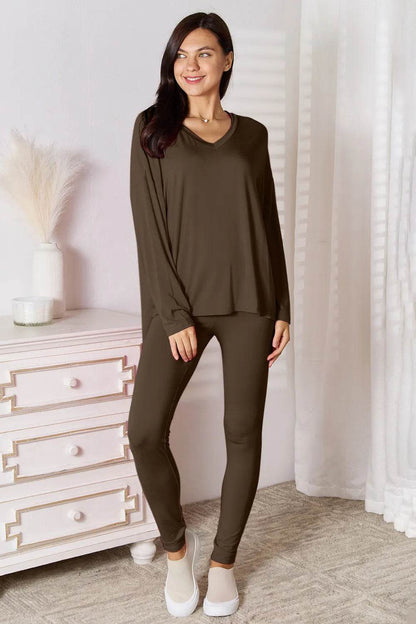 Basic Bae Bamboo Full Size V-Neck Long Sleeve Top and Pants Lounge Set - IntuitiveEncBoutique