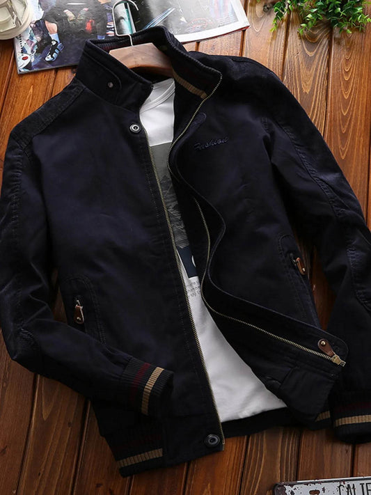Men's Full Size Bomber Jacket with Ribbed Cuffs and Collar Plus Size - IntuitiveEncBoutique
