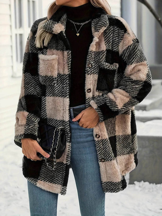 Button Down Collared Neck Plaid Teddy Coat with Pockets - IntuitiveEncBoutique