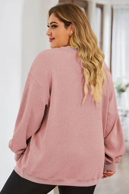Plus Size Heart Ribbed Round Neck Sweatshirt - IntuitiveEncBoutique