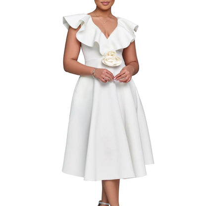 V-neck Ruffled Hem 3D Flower Skirt Evening Dress Banquet Dress - IntuitiveEncBoutique