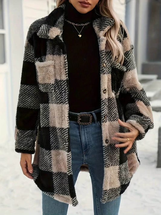 Button Down Collared Neck Plaid Teddy Coat with Pockets - IntuitiveEncBoutique