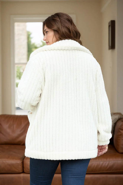 Plus Size Collared Neck Button Down Fuzzy Outerwear - IntuitiveEncBoutique