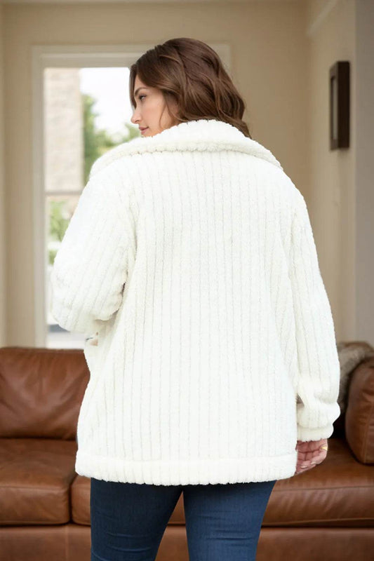 Plus Size Collared Neck Button Down Fuzzy Outerwear - IntuitiveEncBoutique